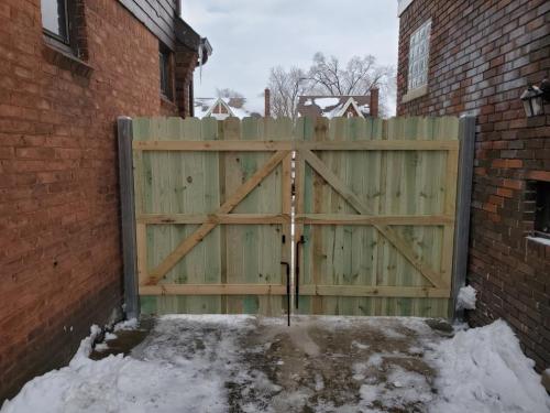 Solid Board Dogear Premium Treated Double Swing Driveway Privacy Gate - Interior View On Square Post